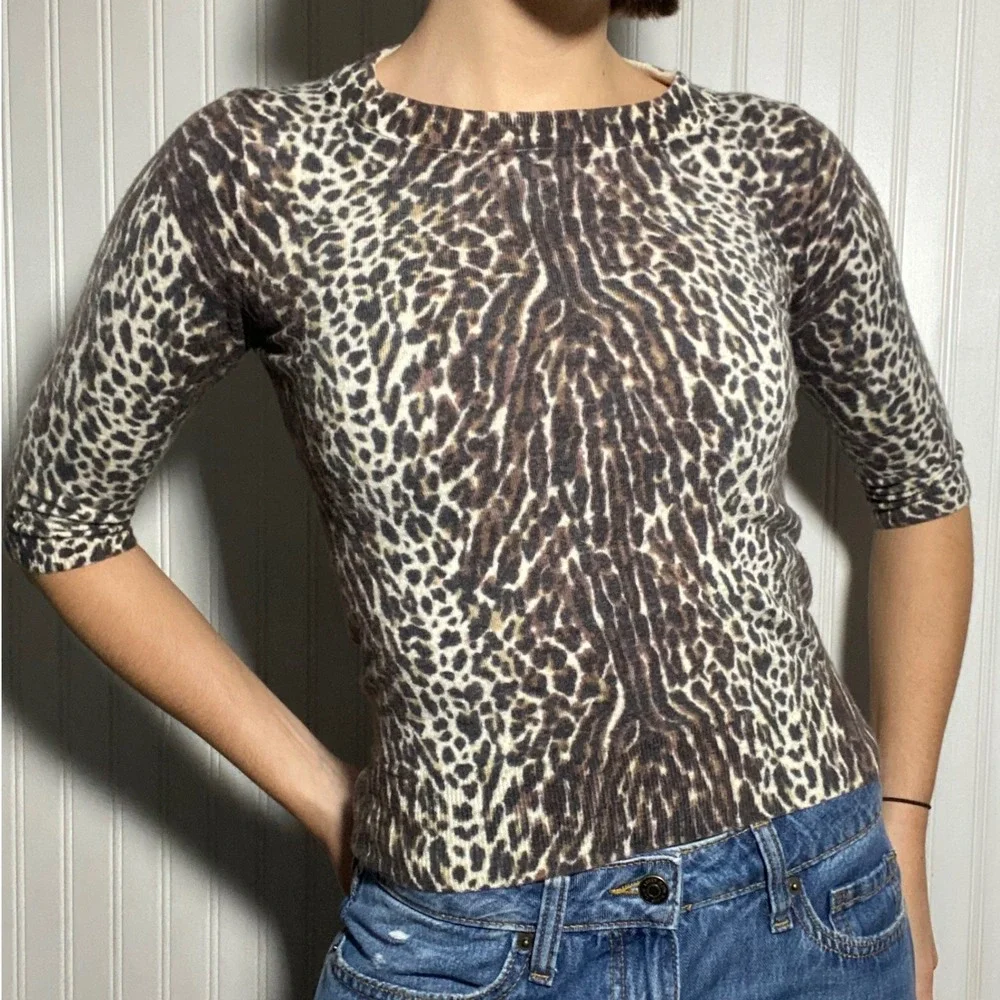 Y2K JCrew Fitted Cheetah Print 100% Merino Wool Leopard Print 2000s Sweater - S